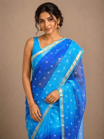 Ranas Shaded Blue Color Kota Silk Bandhej Saree