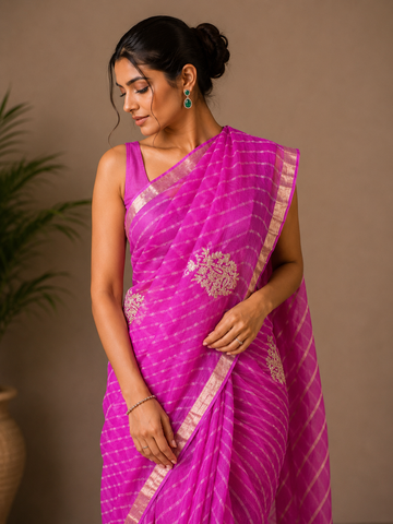 Ranas Pittan Work Pink color Leheriya mothda Saree