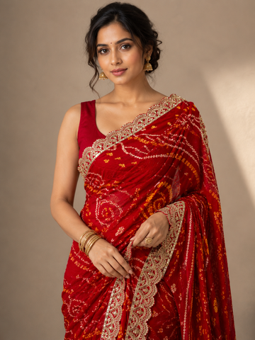Ranas Red Color Traditional Bandhej Saree