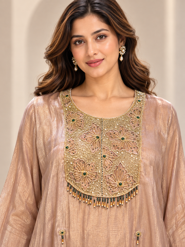 Ranas Peach Organza Tissue Embroidered Three-Piece Suit Set