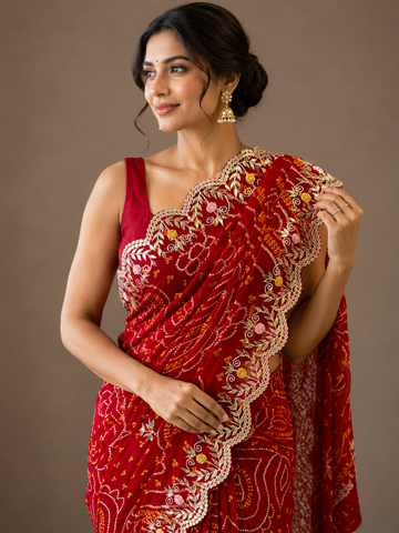 Ranas Red Color Gota Patti Work Bandhej Saree