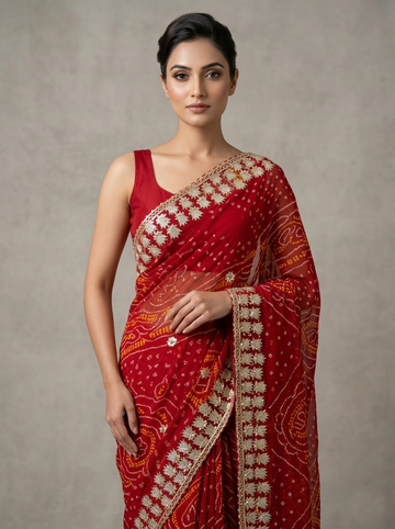 Ranas Gota Patti Work Bandhej Saree