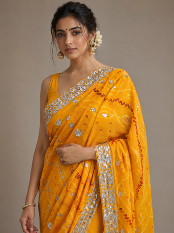 Ranas Mustard Yellow Color Wedding Wear Bandhani Saree
