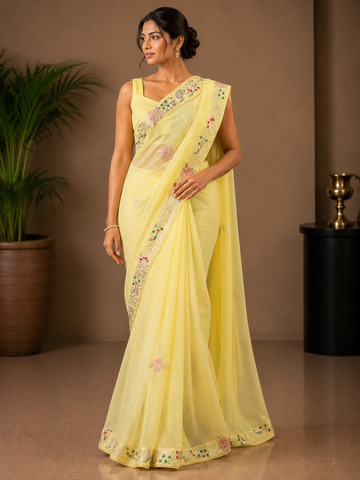 Ranas Pure Chiffon Yellow Color Designer Saree