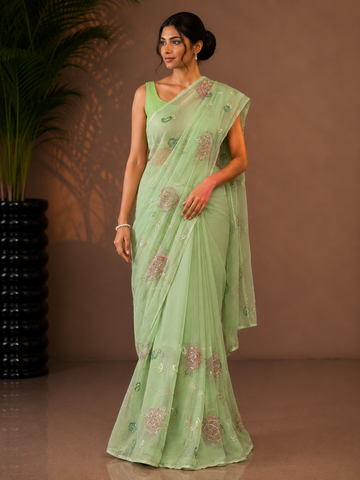 Ranas Pista Green Color Sequins & Cutdana Work Saree