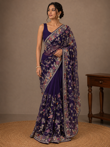 Ranas Purple Color Resham Work Designer Saree