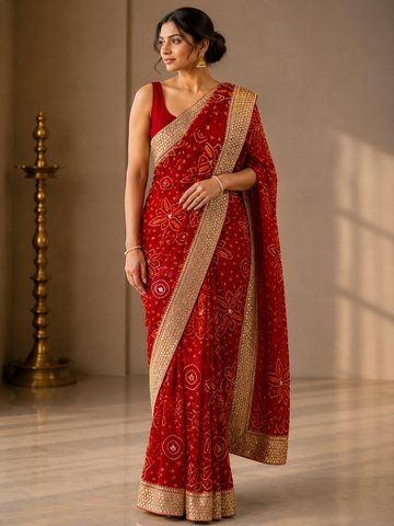 Ranas Red Color Marori Work Bandhej Saree