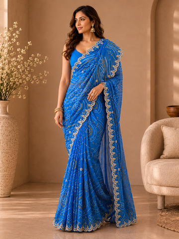 Ranas Shaded Blue Color Designer Bandhej Saree