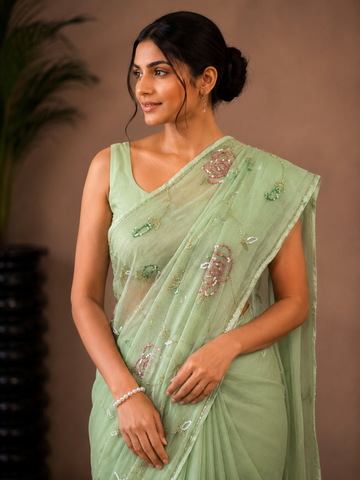 Ranas Pista Green Color Sequins & Cutdana Work Saree