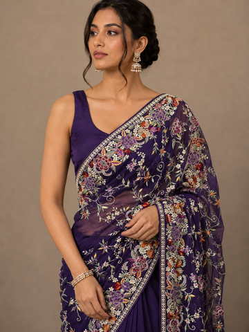 Ranas Purple Color Resham Work Designer Saree
