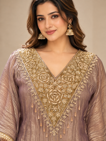 Ranas Onion ColorTissue Organza Embroidered Kaftan Set