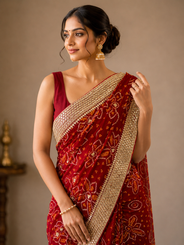 Ranas Red Color Marori Work Bandhej Saree