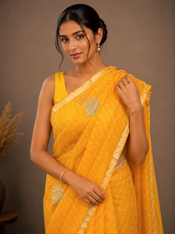 Ranas Yellow Color Mothda Leheriya Saree