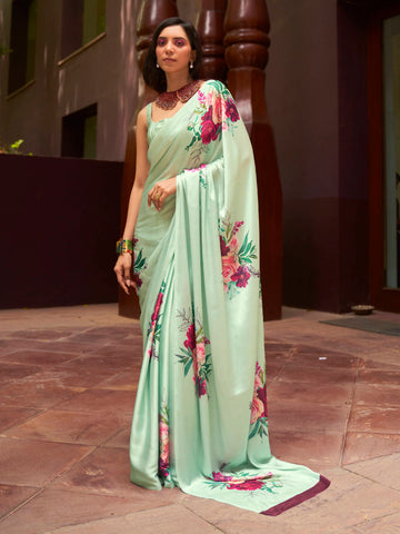 Ranas Pista Green Color Floral Printed Designer Saree