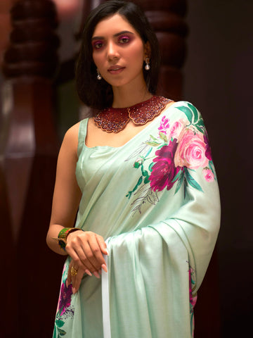 Ranas Pista Green Color Floral Printed Designer Saree