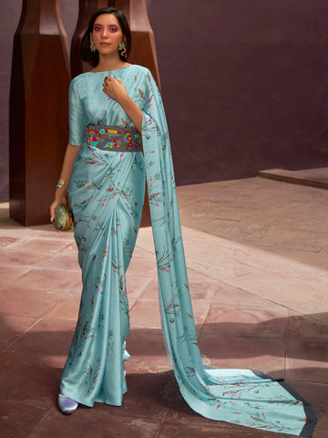 Ranas Sky Blue Color Floral Printed Designer Saree