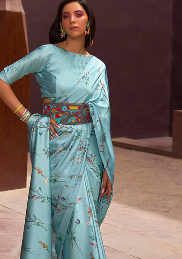 Ranas Sky Blue Color Floral Printed Designer Saree