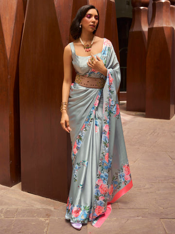 Ranas Grey Color Floral Printed Designer Saree