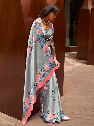 Ranas Grey Color Floral Printed Designer Saree