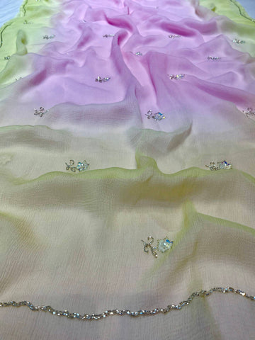 Ranas Yellow & Pink Shaded Chiffon Saree