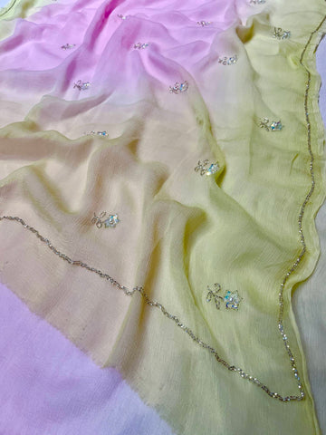 Ranas Yellow & Pink Shaded Chiffon Saree