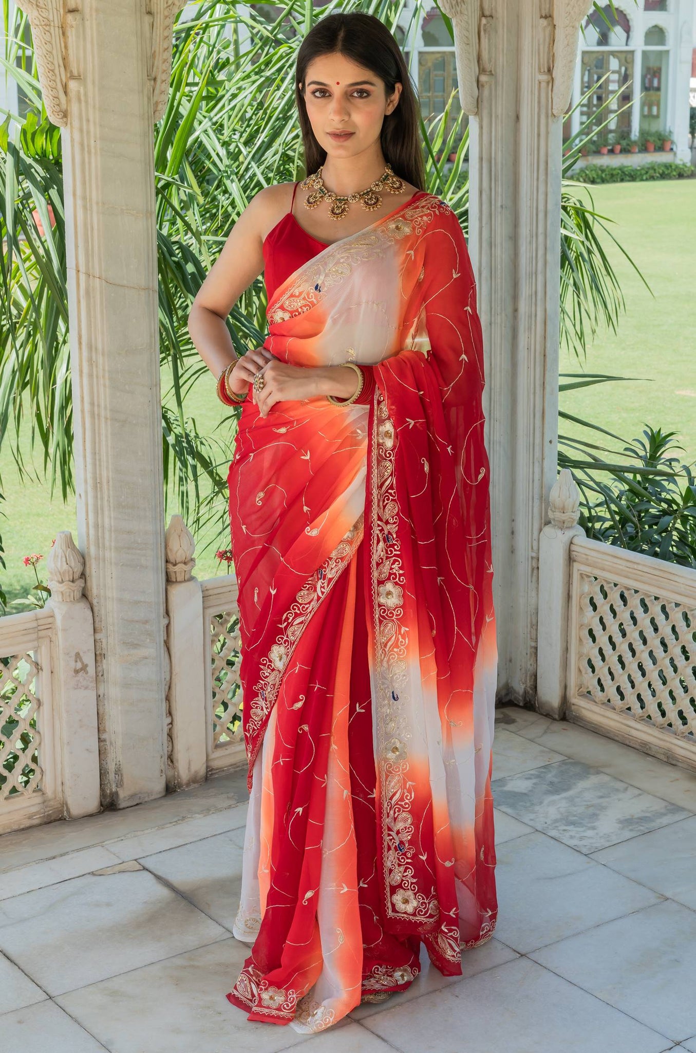 Ranas Red & White Shaded Saree
