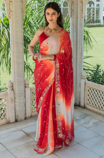 Ranas Red & White Shaded Saree