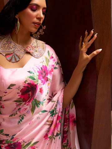 Ranas Pink Color Floral Printed Designer Saree