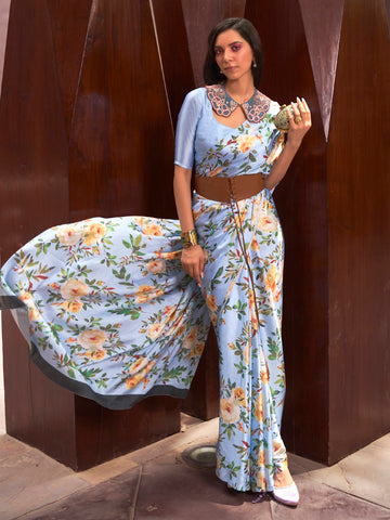 Ranas Sky Blue Color Floral Printed Designer Saree