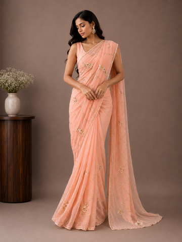Ranas Peach Color Aari & Sequins Work Designer Saree