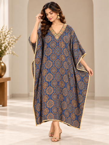 Ranas Grayish Blue Ajrakh Print Modal Silk Kaftan