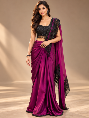 Ranas Maroon Party Wear Drape Saree with Black Blouse