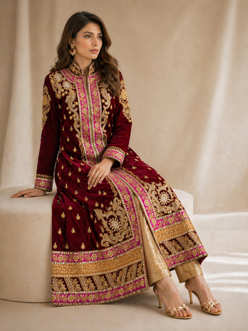 Ranas Maroon Velvet Long Jacket