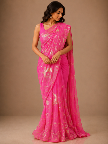 Ranas Pink Color Pure Chiffon Designer Saree