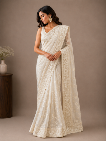 Ranas Cream Color Organza Fabric Designer Saree