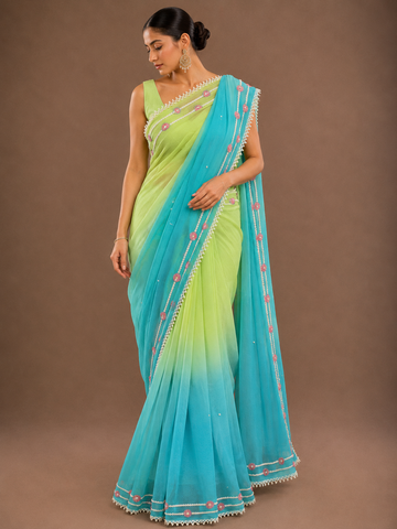 Ranas Firozi & Green Shaded Moti Work Saree