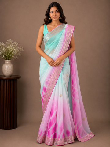 Ranas Pure Chiffon Aari & Pittan Work Designer Saree
