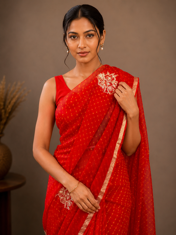 Ranas Red Color Pittan Work Leheriya Mothda Saree