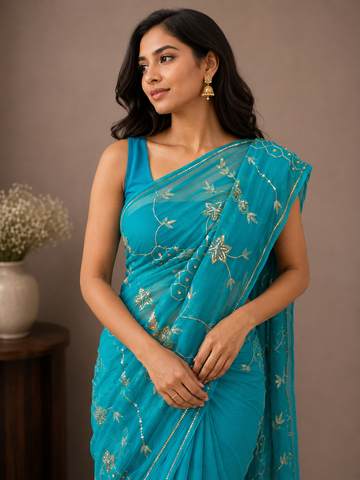 Ranas Rama Green Color Pure Chiffon Saree