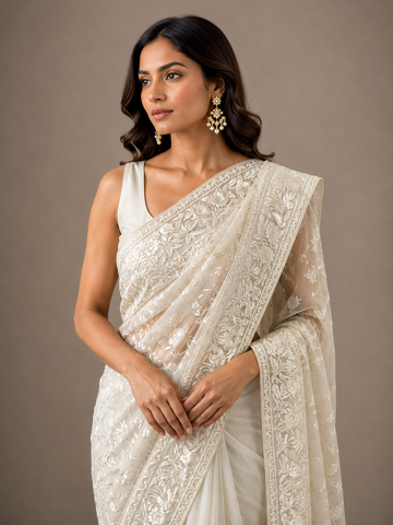 Ranas Cream Color Organza Fabric Designer Saree