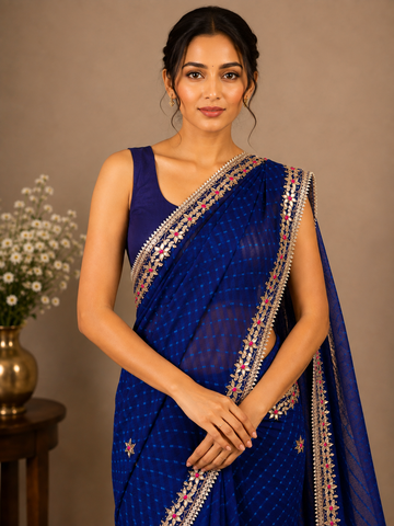 Ranas Designer Gota Patti  Blue Leheriya Mothda Saree