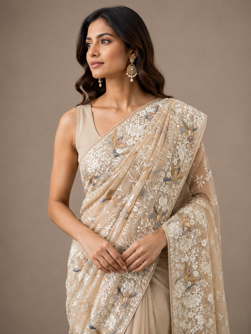 Ranas Beige Color Parsi Resham Work Designer Saree