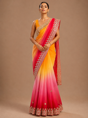 Ranas Red & Orange Shaded Gota Patti Work Designer Saree