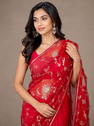 Ranas Shaded Red Color Aari & Zardosi Work Designer Saree