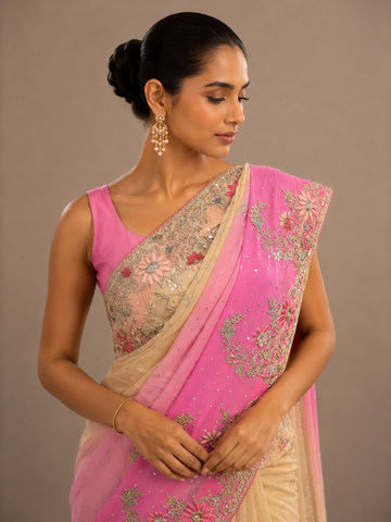 Ranas Beige & Pink Shaded Designer Saree