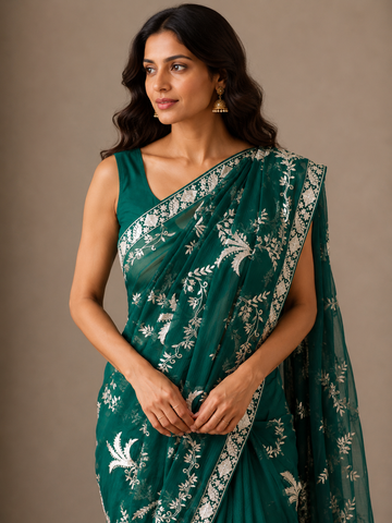Ranas Bottle Green Color Aari work Designer Saree