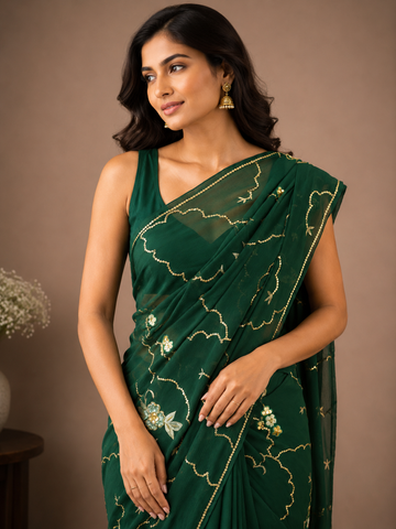 Ranas Bottle Green Color Pure Chiffon Saree