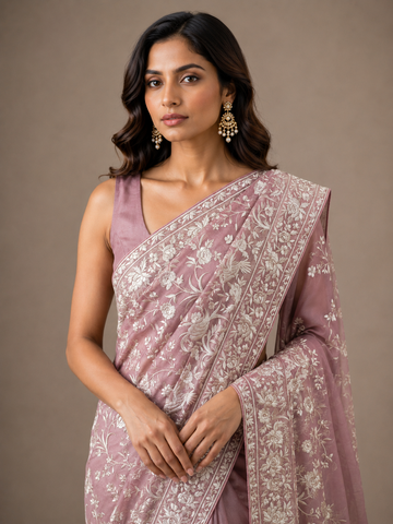 Ranas Onion Color Parsi Resham Work Designer Saree