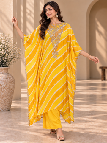 Ranas Yellow Leheriya Royal Kaftan Set