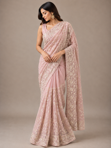 Ranas Pink Color Resham Work Designer Saree